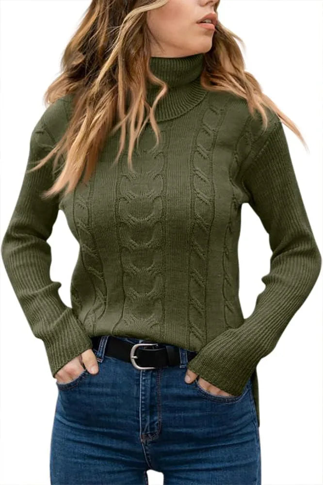 Apricot cable-knit polo neck jumper, close-up of ribbed collar folded over