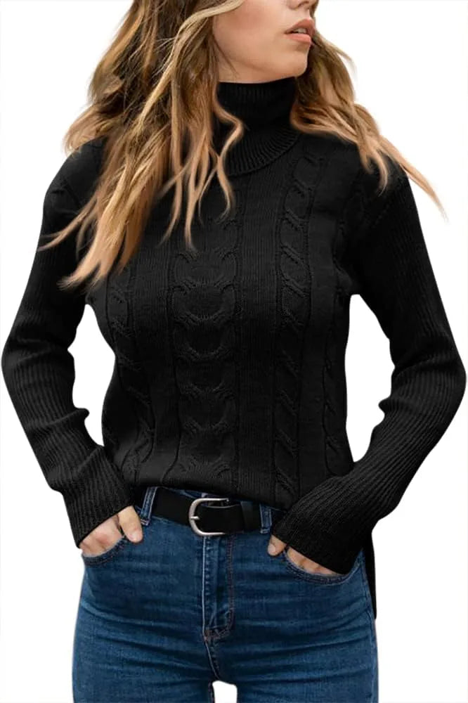Olive green cable-knit polo neck jumper, front detail of textured knit panel