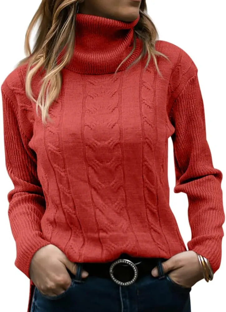 Black cable-knit polo neck jumper, full front view with jeans and belt