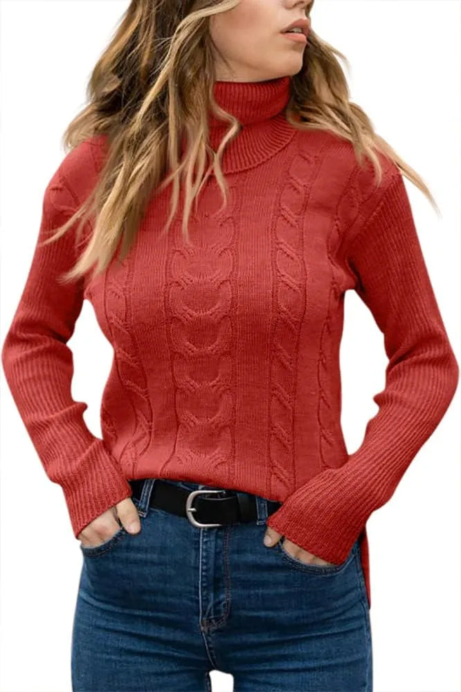 Blue cable-knit polo neck jumper, close-up of ribbed cuff at the wrist