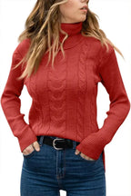 Blue cable-knit polo neck jumper, close-up of ribbed cuff at the wrist