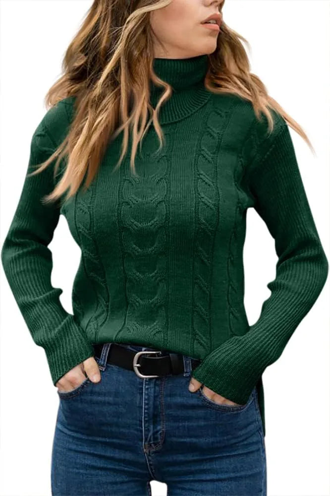 Light brown cable-knit polo neck jumper, front view showing overall relaxed shape