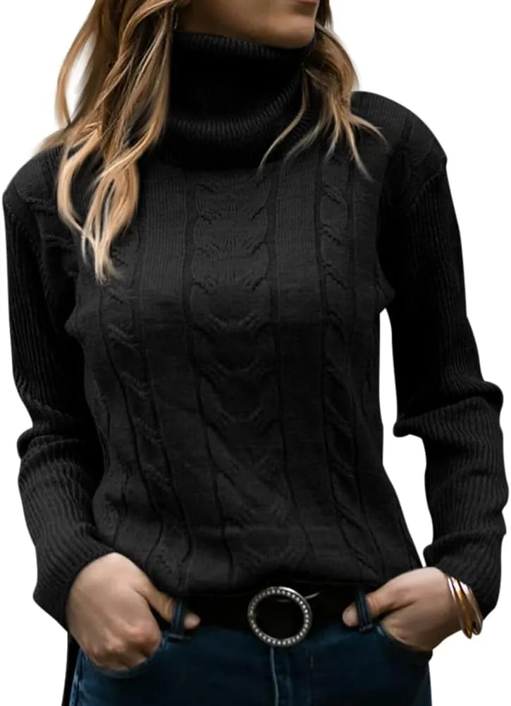 Model wearing a black cable-knit polo neck jumper with ribbed cuffs and relaxed fit