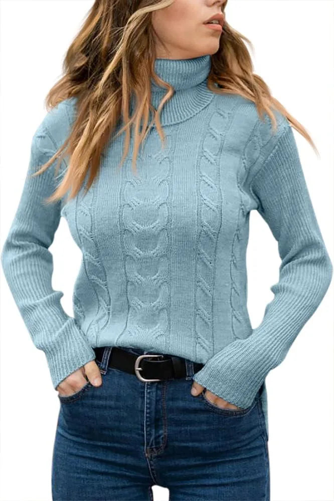 Dark green cable-knit polo neck jumper, close-up of high collar and neckline