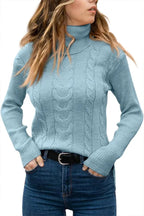 Dark green cable-knit polo neck jumper, close-up of high collar and neckline