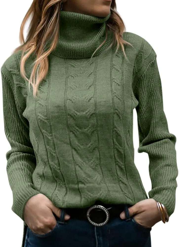 Pink cable-knit polo neck jumper, full view paired with dark denim jeans
