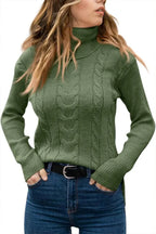 Grey cable-knit polo neck jumper, side angle showing sleeve and cable detail