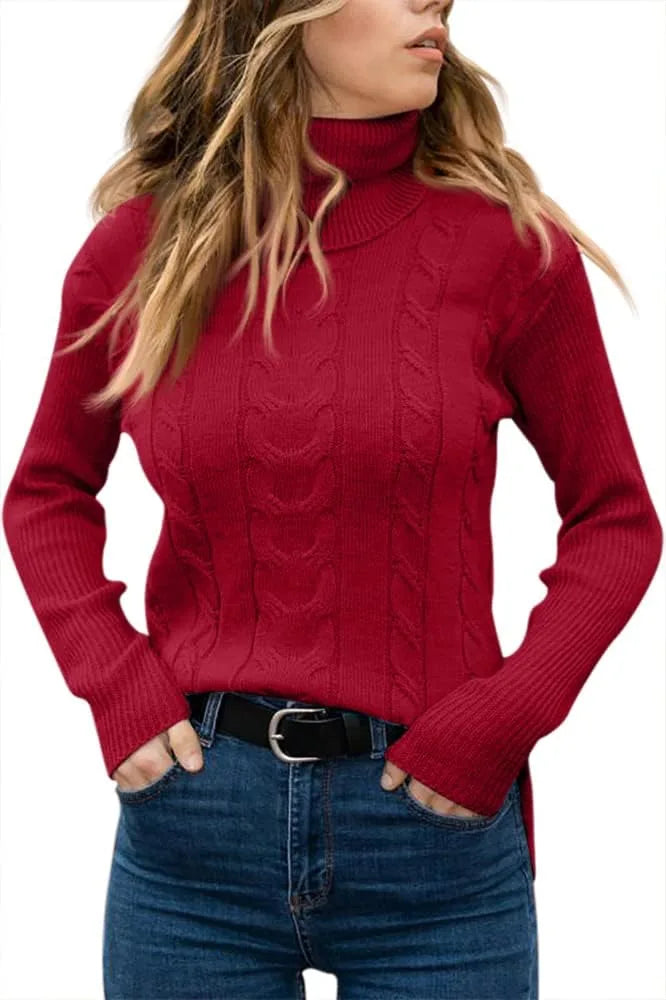Apricot cable-knit polo neck jumper, close-up of textured knit at centre front