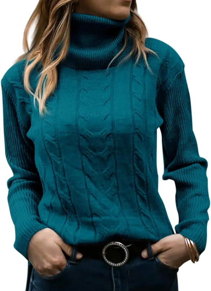 Olive green cable-knit polo neck jumper, close-up of ribbed roll neck collar