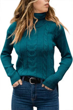 Black cable-knit polo neck jumper, close crop of cable knit pattern on torso