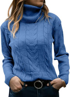 Blue cable-knit polo neck jumper shown from the front with high ribbed collar