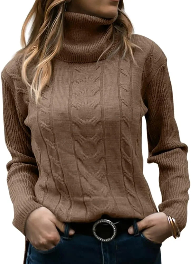 Light brown cable-knit polo neck jumper paired with dark jeans and a statement belt