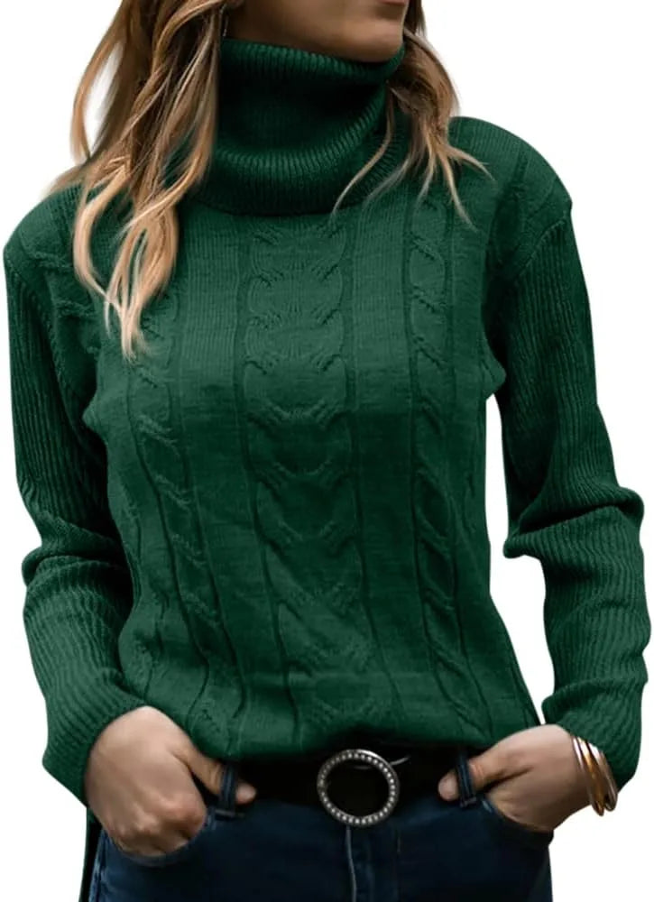 Dark green cable-knit polo neck jumper showing cable pattern down the centre front