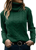 Dark green cable-knit polo neck jumper showing cable pattern down the centre front