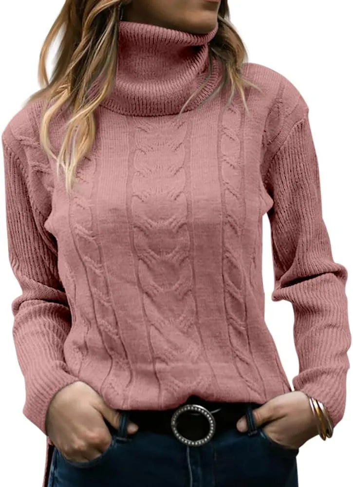 Pink cable-knit polo neck jumper with long ribbed sleeves and relaxed silhouette