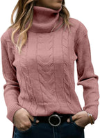 Pink cable-knit polo neck jumper with long ribbed sleeves and relaxed silhouette