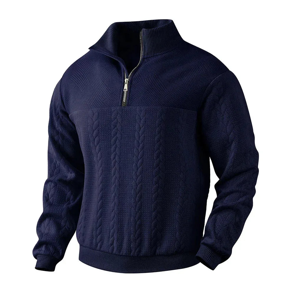 Beige quarter-zip jumper side-angle view showing sleeve texture and relaxed body shape
