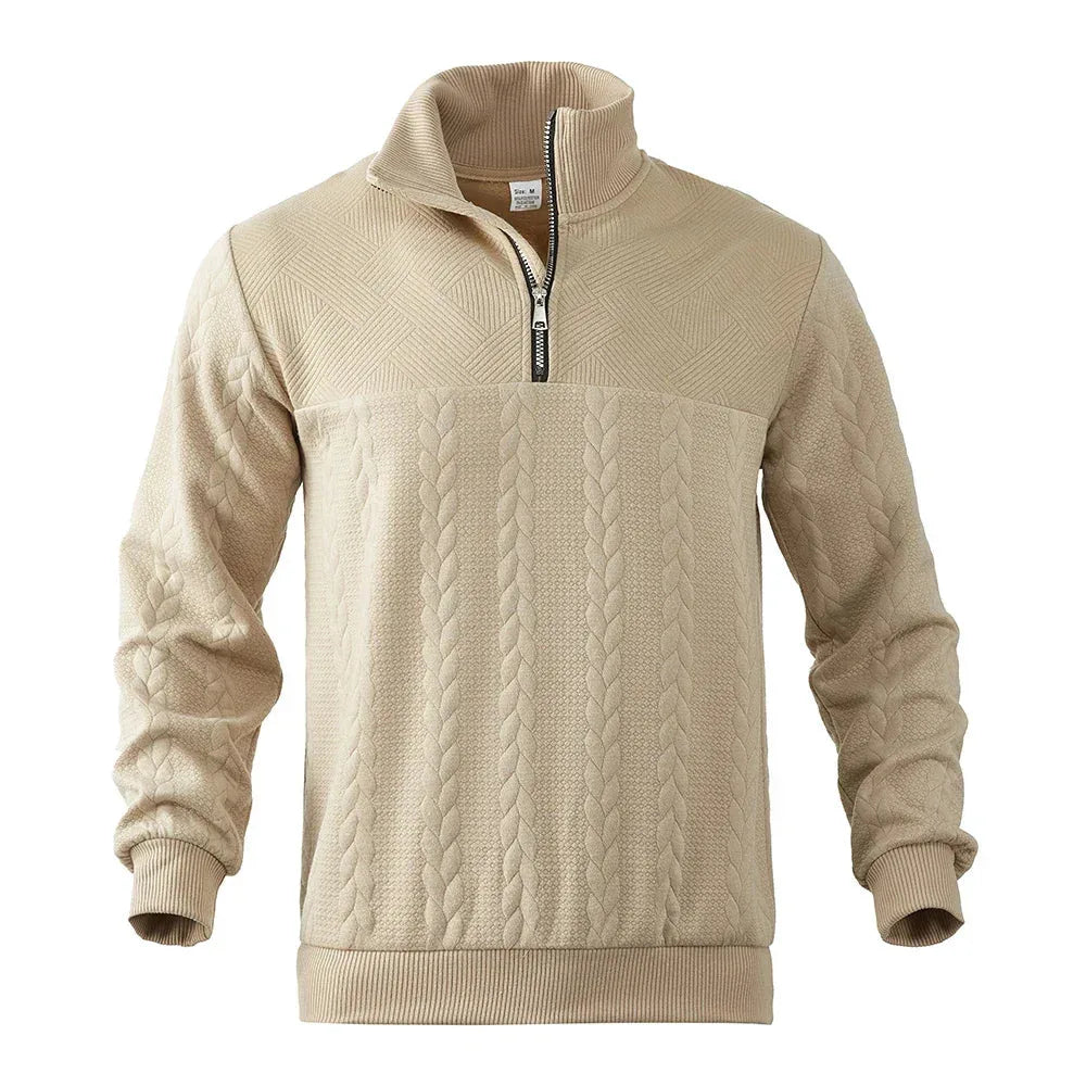 Straight-on front view of beige quarter-zip jumper showing cable-knit panel and silver zip pull