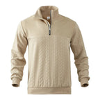 Straight-on front view of beige quarter-zip jumper showing cable-knit panel and silver zip pull