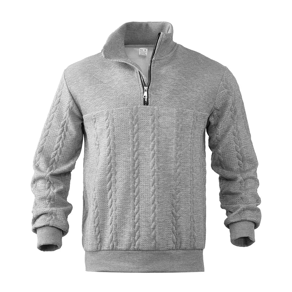 Grey marl quarter-zip jumper, front view showing ribbed collar, textured yoke and cable-knit chest panel