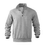 Grey marl quarter-zip jumper, front view showing ribbed collar, textured yoke and cable-knit chest panel
