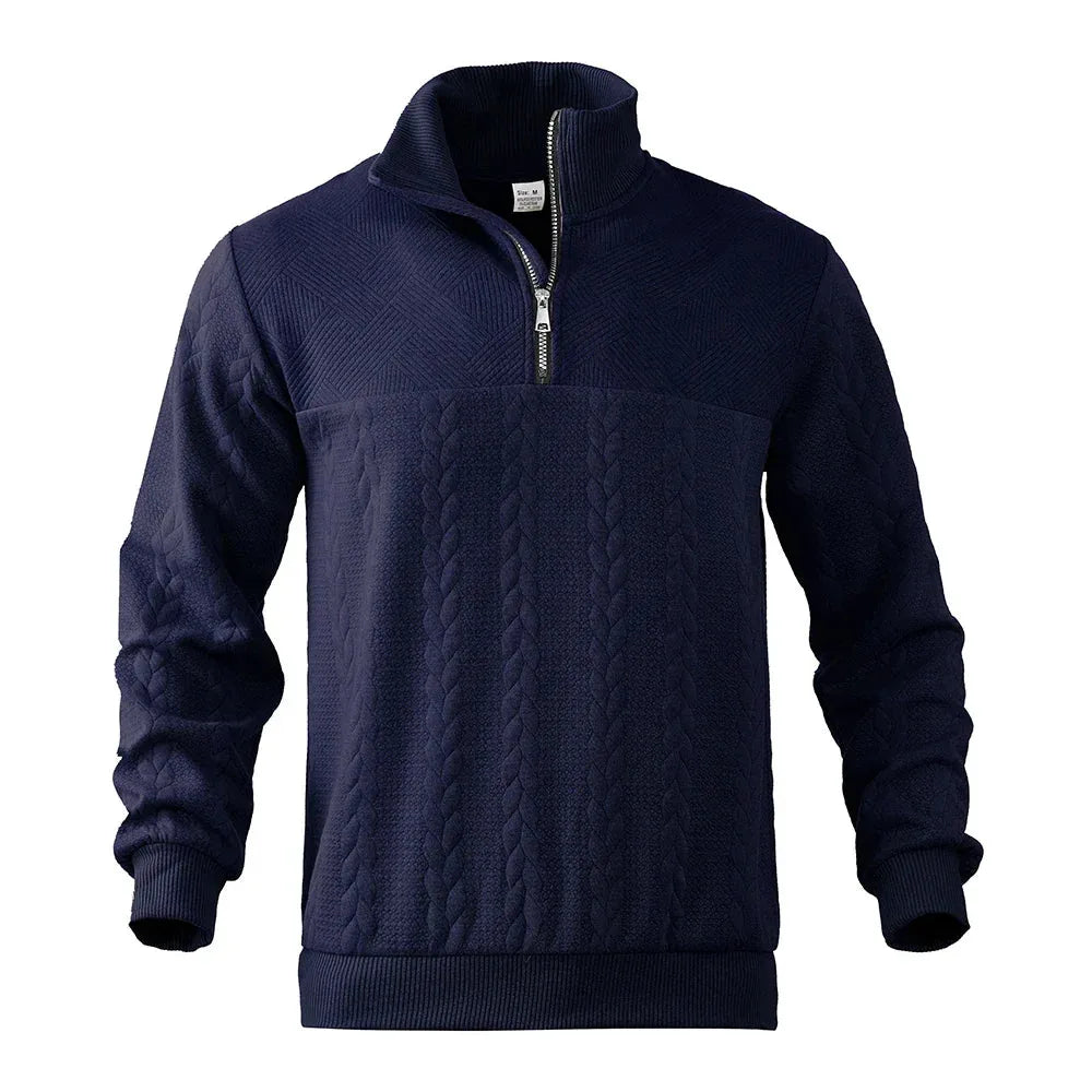 Navy blue quarter-zip jumper, front view highlighting cable-knit texture and ribbed cuffs