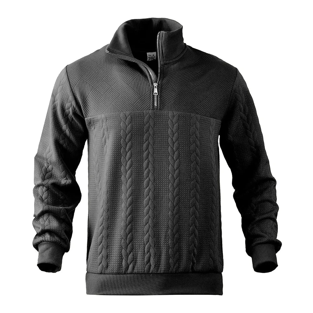 Charcoal grey quarter-zip jumper, front view showing tonal cable-knit pattern and zip detail