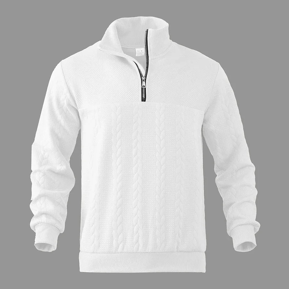 White quarter-zip jumper on grey background, front view showing ribbed stand collar and cable knit