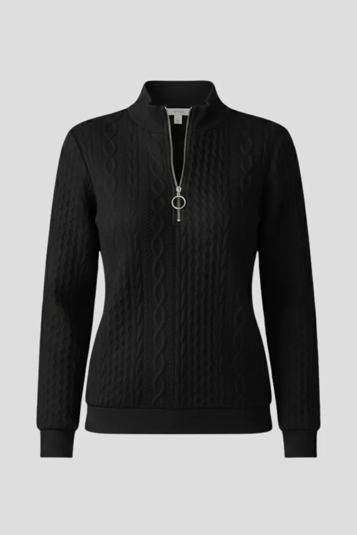Front view of a black cable knit jumper with a short zip neckline and small collar, shown on a plain background