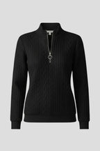 Front view of a black cable knit jumper with a short zip neckline and small collar, shown on a plain background