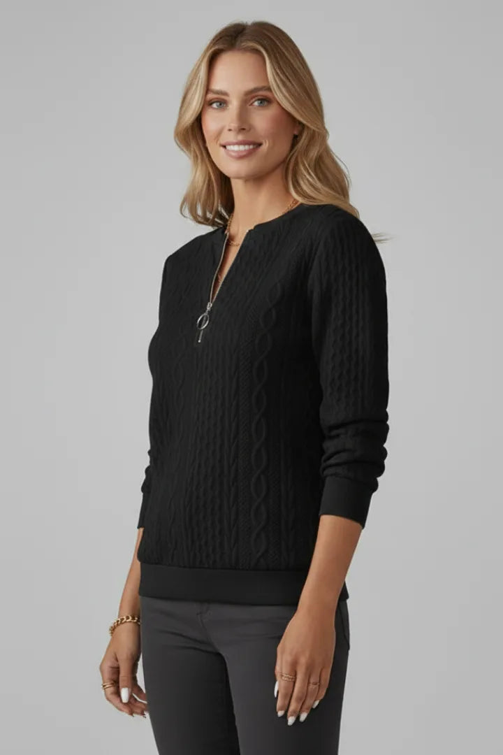 Close-up side view of a black cable knit jumper worn with dark trousers, showing the zip pull detail