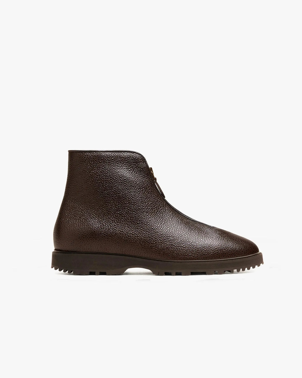 Side profile of a dark brown pebbled leather ankle boot with front zip and lugged rubber sole
