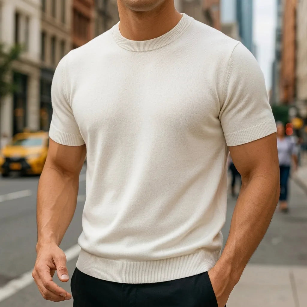 Close-up of a man wearing an ivory white short-sleeve knitted T-shirt with ribbed crew neck on a city street