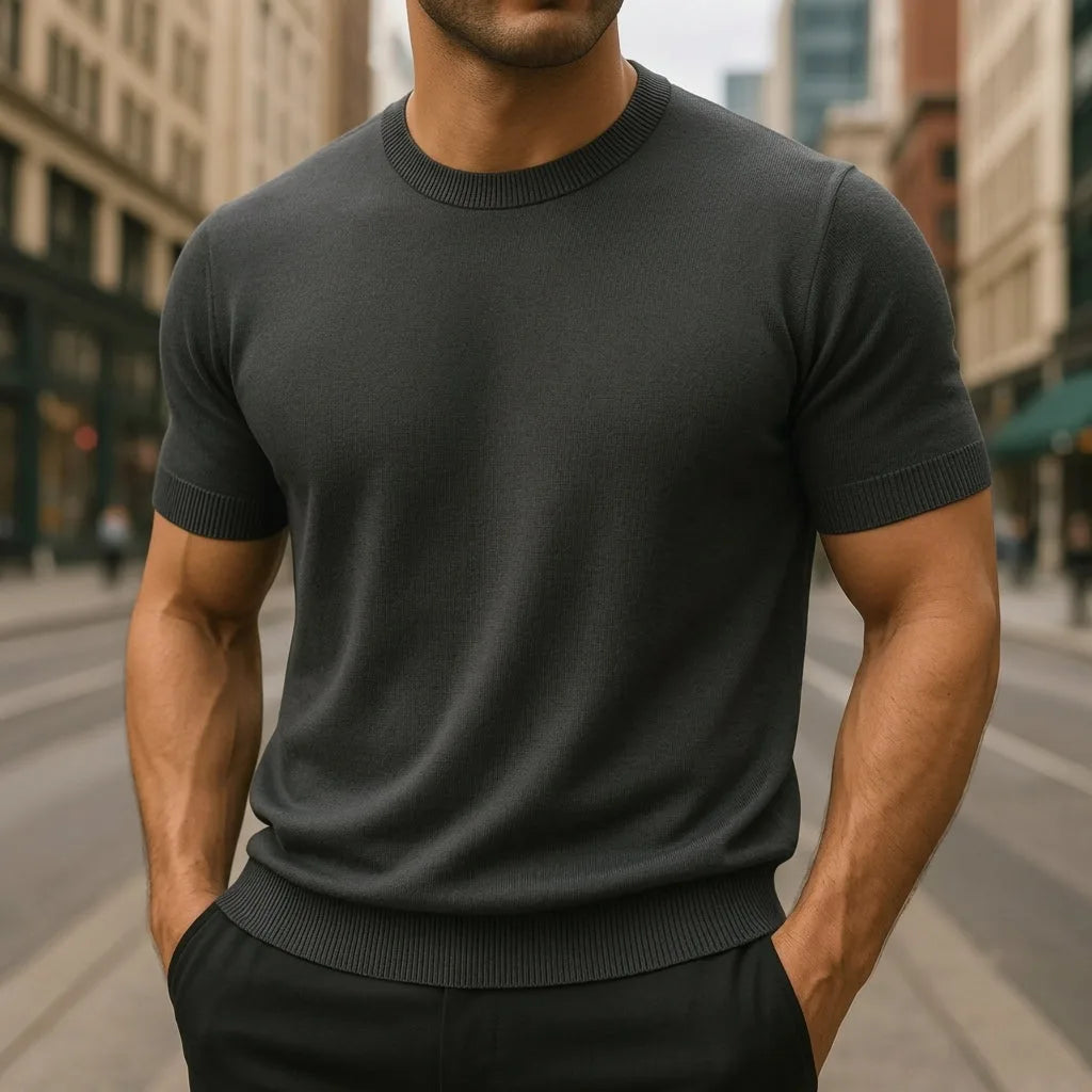 Dark grey short-sleeve knitted T-shirt with ribbed hem and cuffs, worn on an urban street