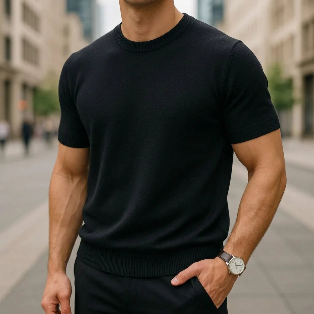 Black short-sleeve knitted T-shirt with ribbed crew neck, paired with navy trousers and a wristwatch