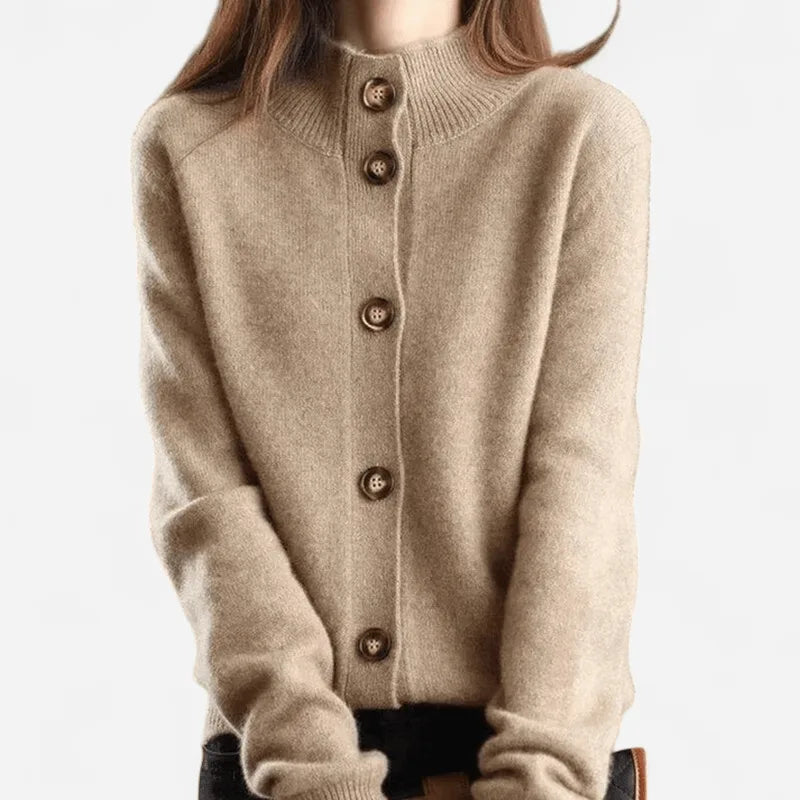 Front view of a camel cashmere cardigan with a ribbed stand collar and wooden button placket