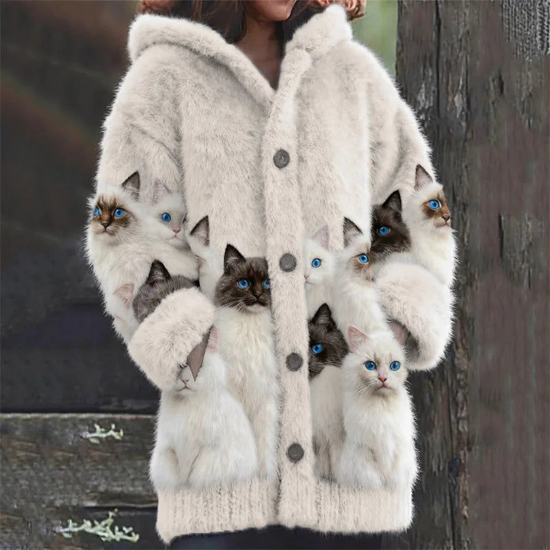 Cream faux fur hooded cardigan featuring cat print panels, buttoned closure and ribbed knit cuffs