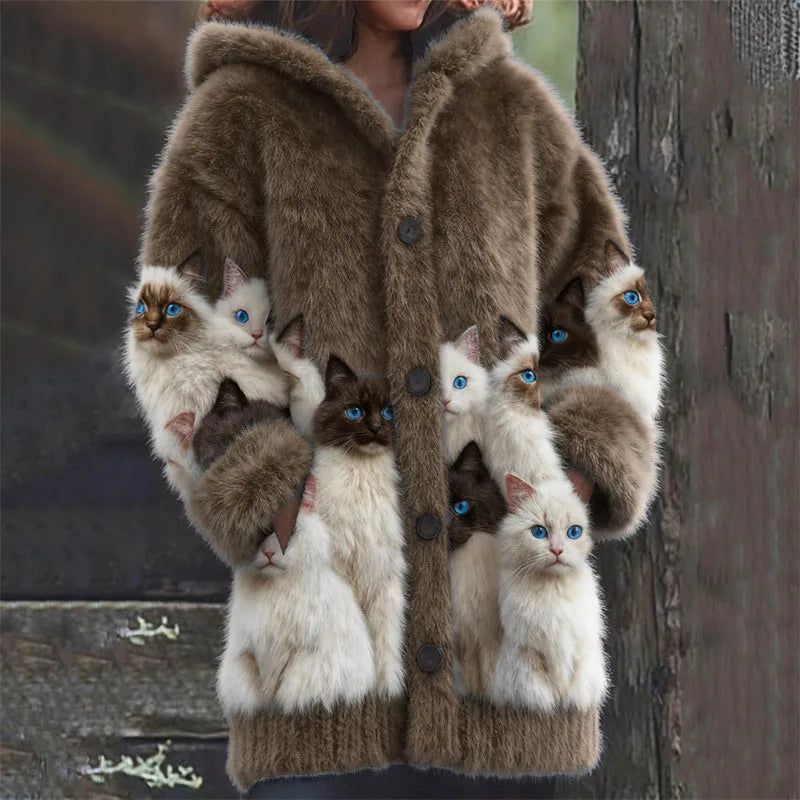 Brown faux fur hooded cardigan with cat print panels, knit cuffs and hem, front button detail