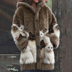 Brown faux fur hooded cardigan with cat print panels, knit cuffs and hem, front button detail