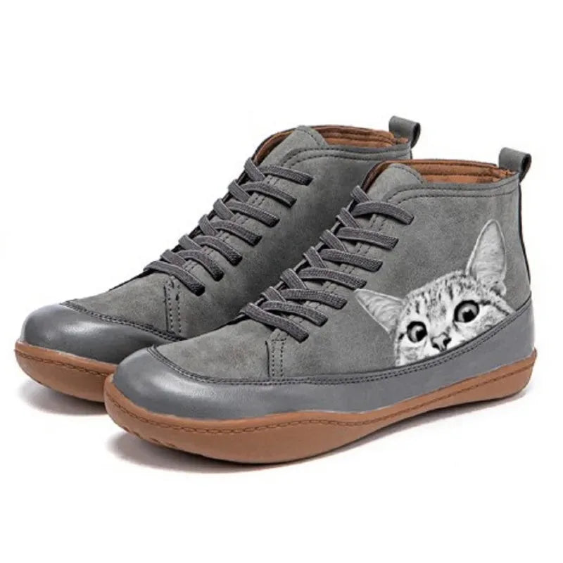 Grey suede-look high-top boots with a peeking tabby cat design on the heel and matching grey laces