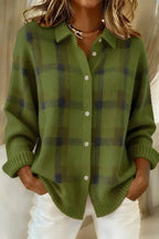 Olive green and navy checked knit button-up jacket with dropped shoulders and ribbed cuff detail