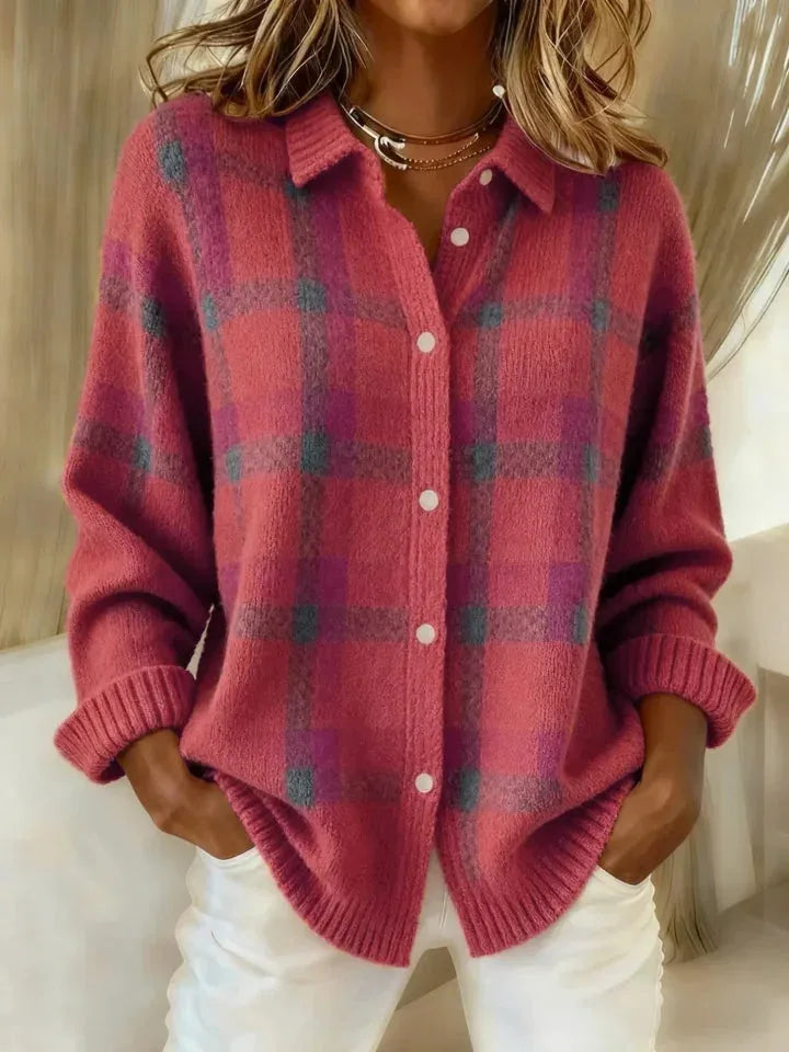 Pink and plum checked knit overshirt with collared neck and white button detailing, close-up front view