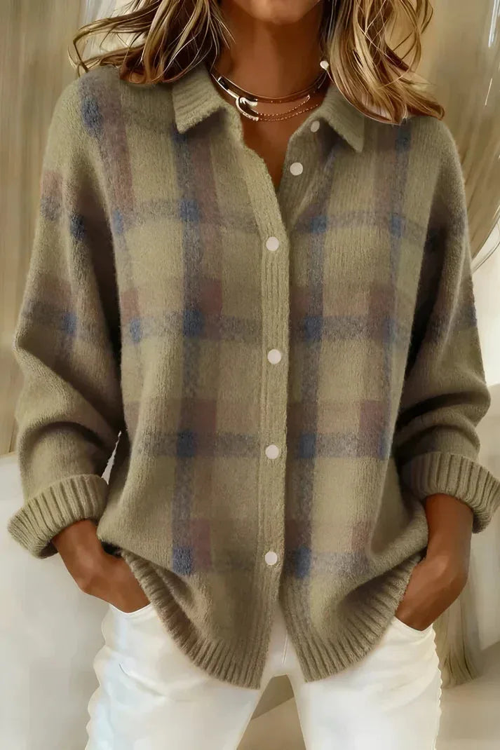Sage green and dusty pink checked knit shacket with relaxed fit and classic collared neckline