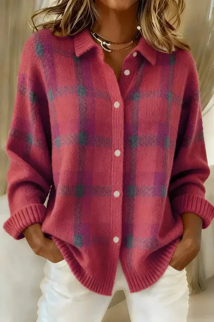 Rose pink and grey checked knit cardigan shirt with button placket and layered gold necklace