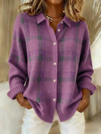Purple and grey checked knit button-up shirt jacket with ribbed hem and cuffs, close-up view