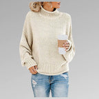 Cream chunky knit jumper with high neck, ribbed hem and relaxed oversized silhouette