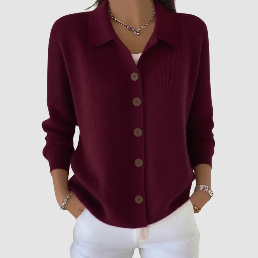 Wine red knit cardigan with collar and brown wooden buttons, full button-front closure shown