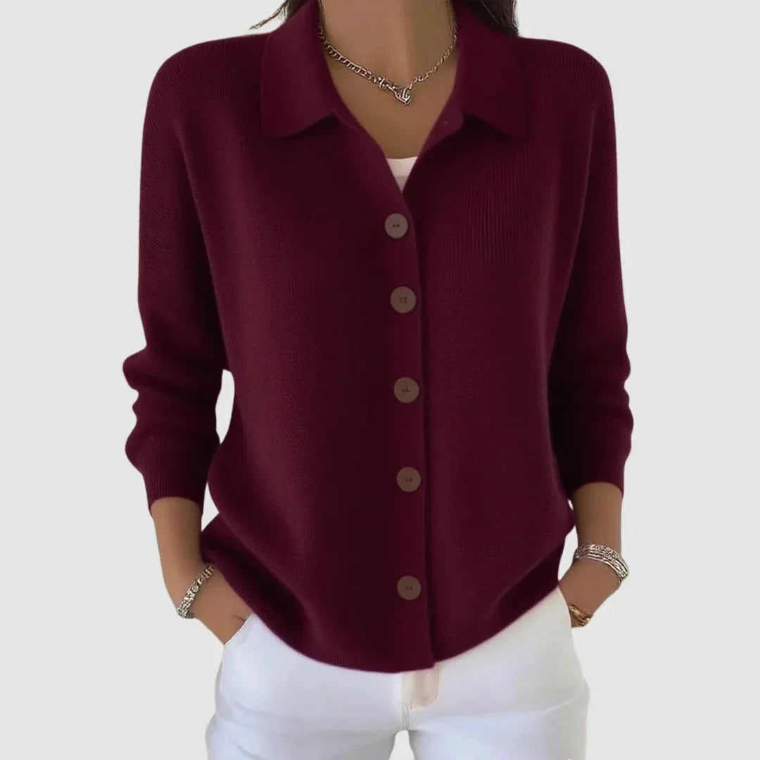 Wine red knit cardigan with collar and brown wooden buttons, full button-front closure shown