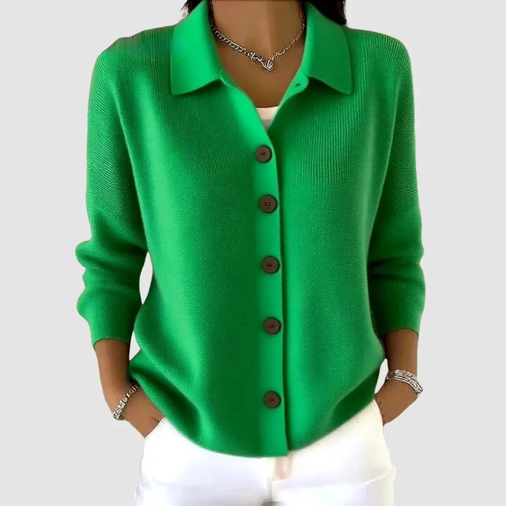 Vivid green knit cardigan with collared neckline and button-front closure, close-up front detail