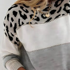 Close-up of the leopard print knit yoke transitioning into white and grey colour-block stripes